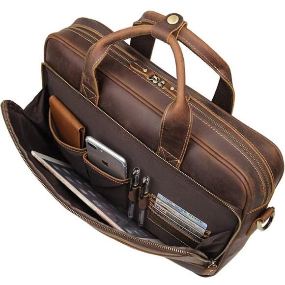 Leather Messenger Bag for Men Vintage Travel Backpack 17 inch
